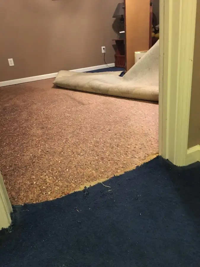 Carpet pad removal revealing water damage during Water Mitigation Services in Sienna